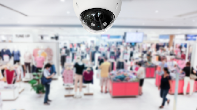 A closed caption security camera is surveying a busy retail store.